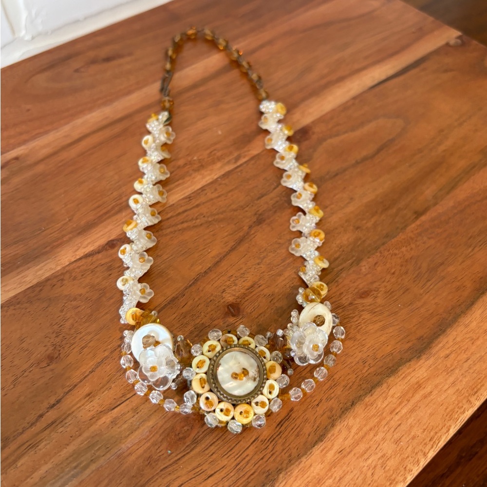 Vintage Handmade Bead and Button Dainty Necklace.  Nuetral Tone